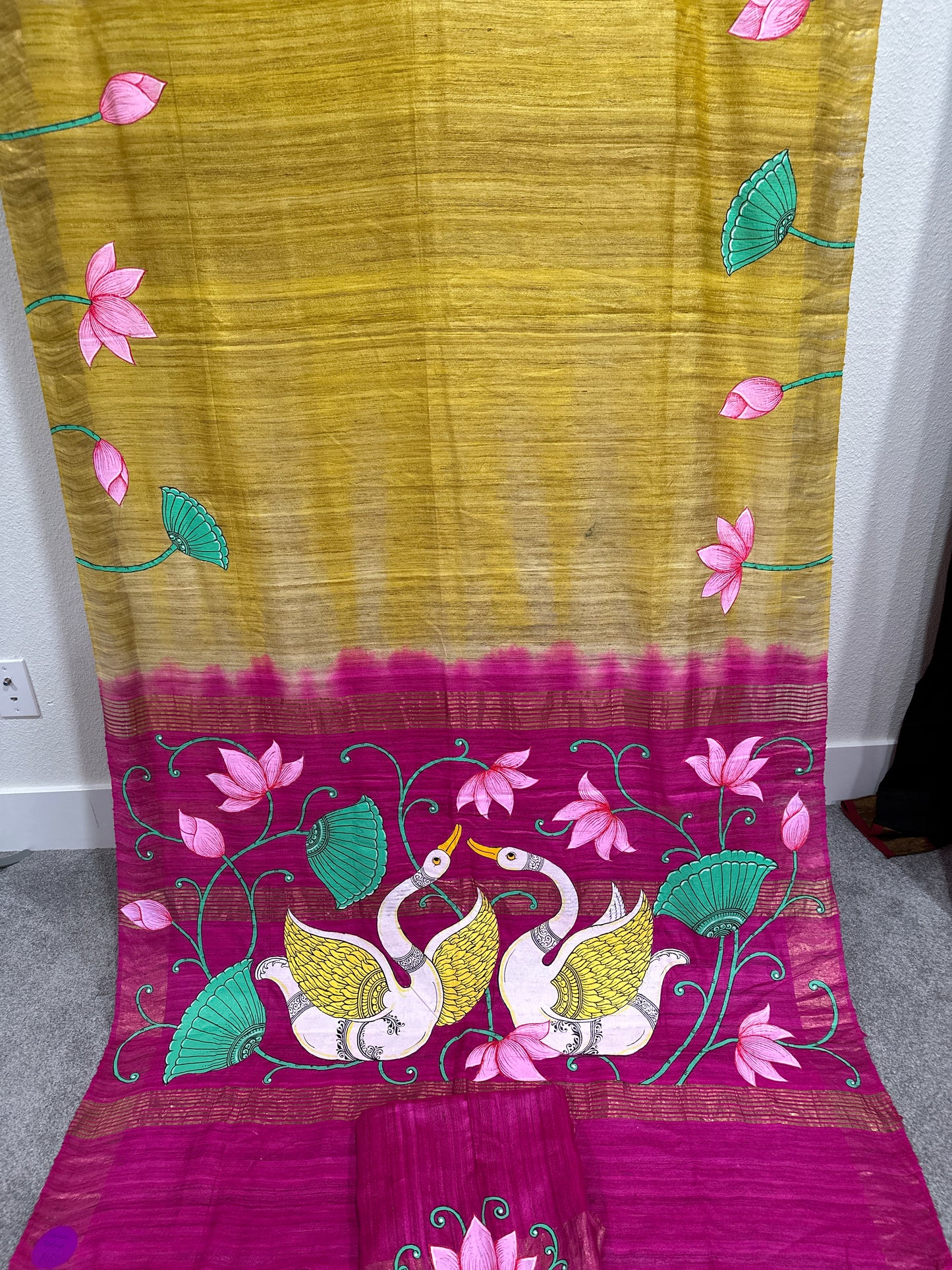 Yellow and Rani Pink Ghicha Tussar Pattachitra saree  with Lotus and Swan