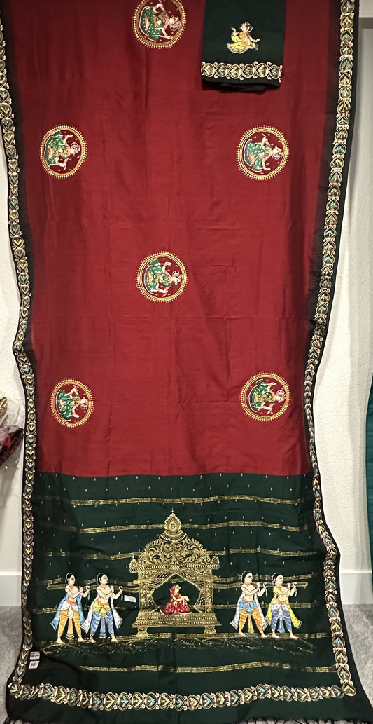 Patachitra Sarees - Maroon Bride in a Palki theme