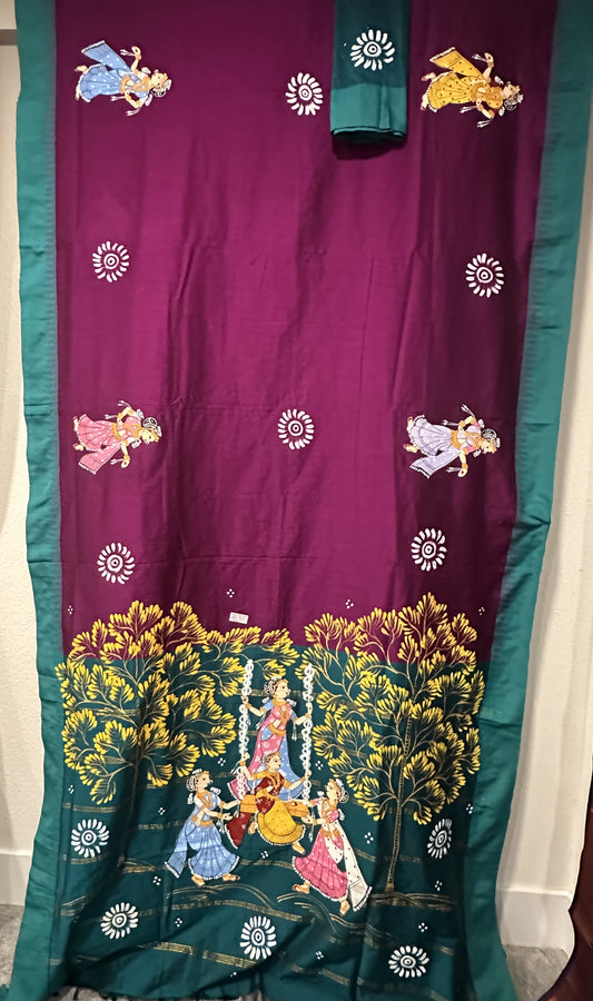 Patachitra Sarees - Wine Green Rajjo theme