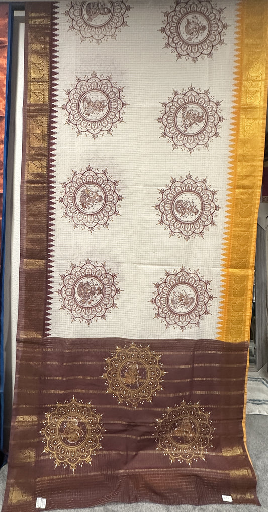 Patachitra Sarees - white with check body Alpana theme