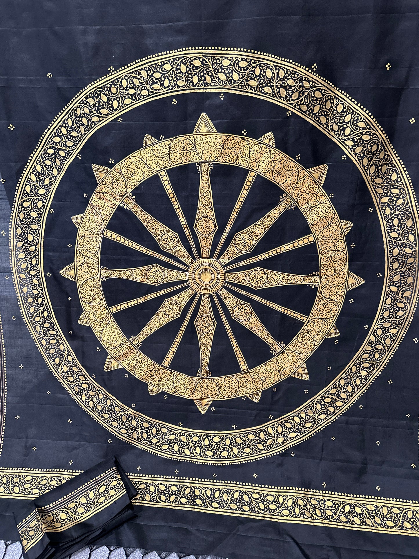 Black Pure Silk Pattachitra Saree with Konark chakra