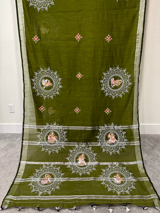 Green Chanderi Cotton Pattachitra Saree