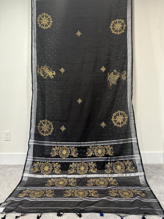 Black Chanderi Cotton Pattachitra Saree