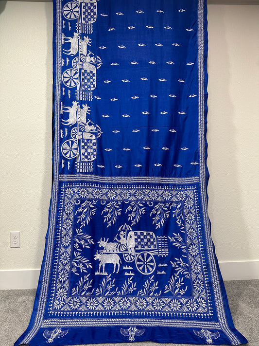 Kaantha Stitch Saree - Royal Blue with cow cart design.