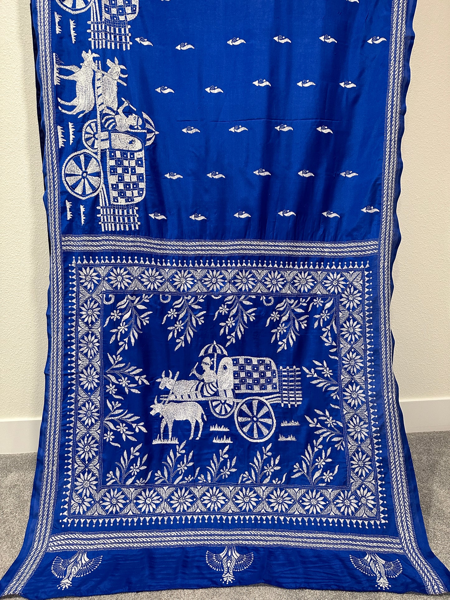 Kaantha Stitch Saree - Royal Blue with cow cart design.