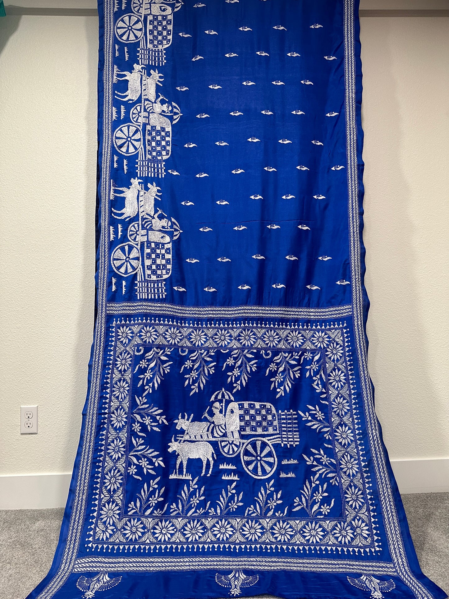 Kaantha Stitch Saree - Royal Blue with cow cart design.