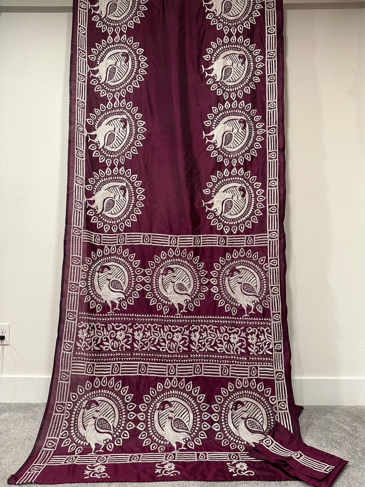 Kaantha Stitch Saree - wine color with Peacock design.