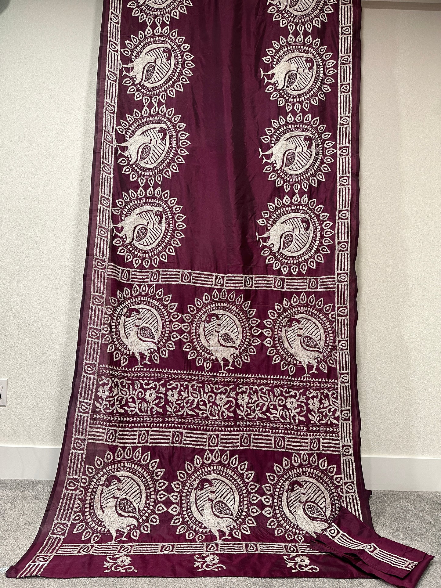 Kaantha Stitch Saree - wine color with Peacock design.