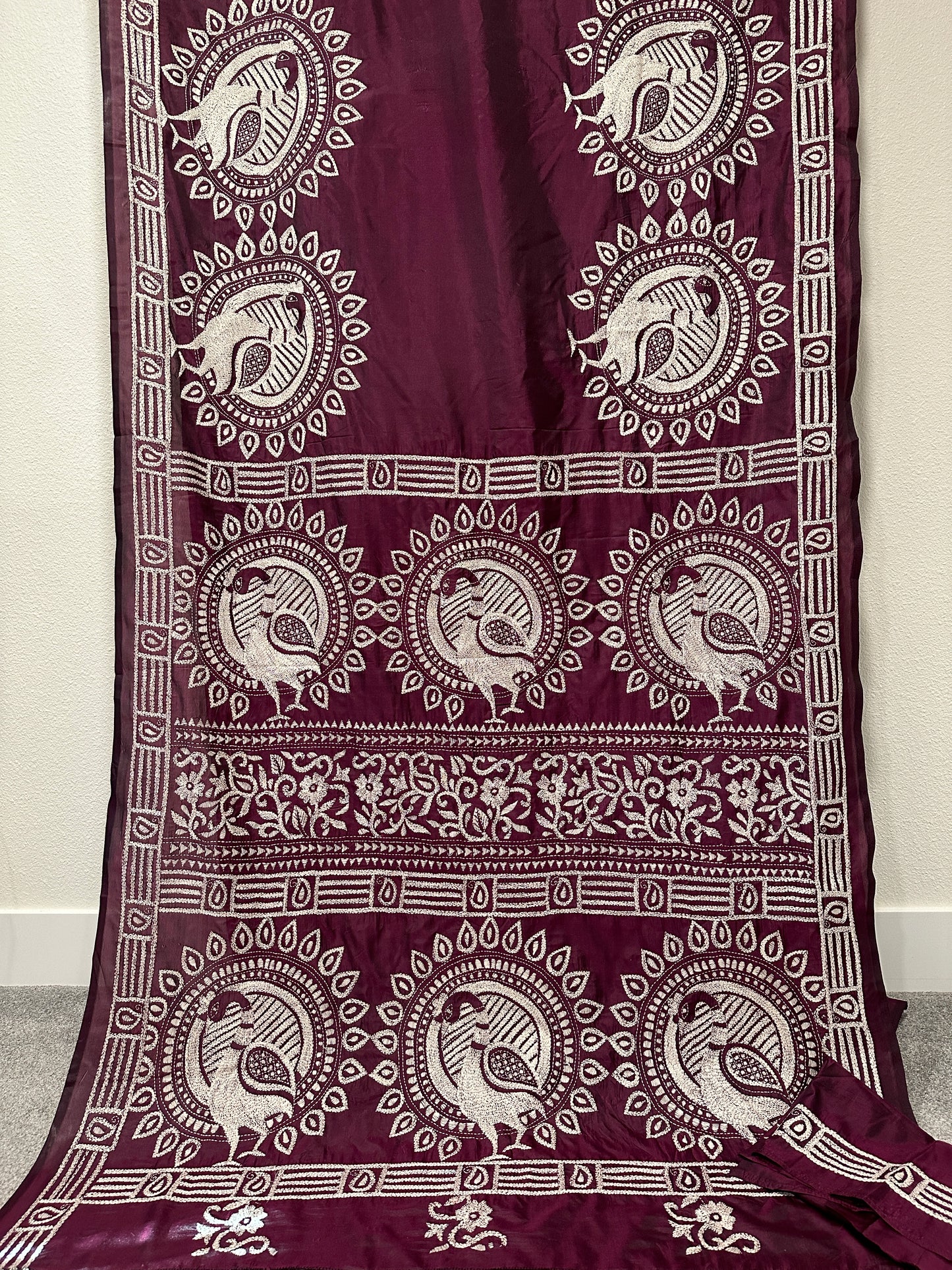 Kaantha Stitch Saree - wine color with Peacock design.