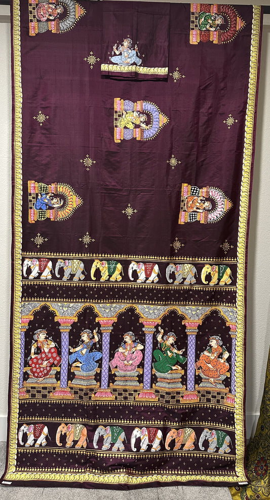 Patachitra Saree - Rich Maroon Dancers and Elephants theme
