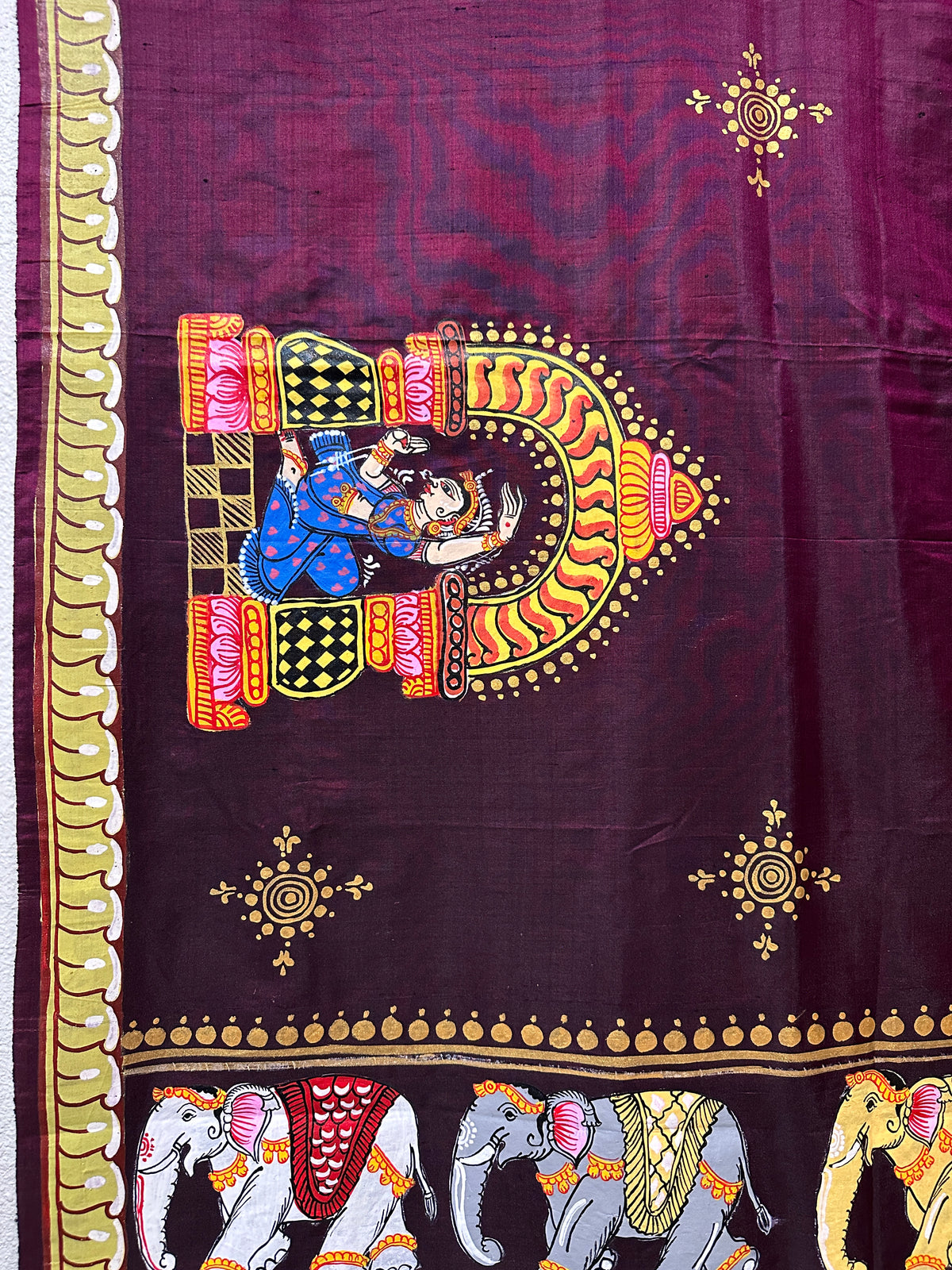 Patachitra Saree - Rich Maroon Dancers and Elephants theme