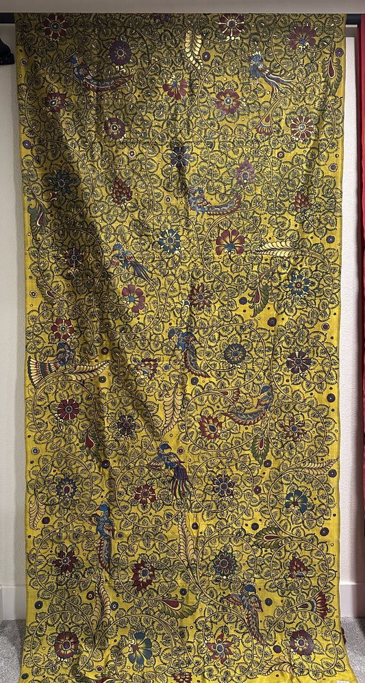 Patachitra Saree - Mustard Yellow and Maroon Half and Half Pure Silk Saree with Kalamkari pattern