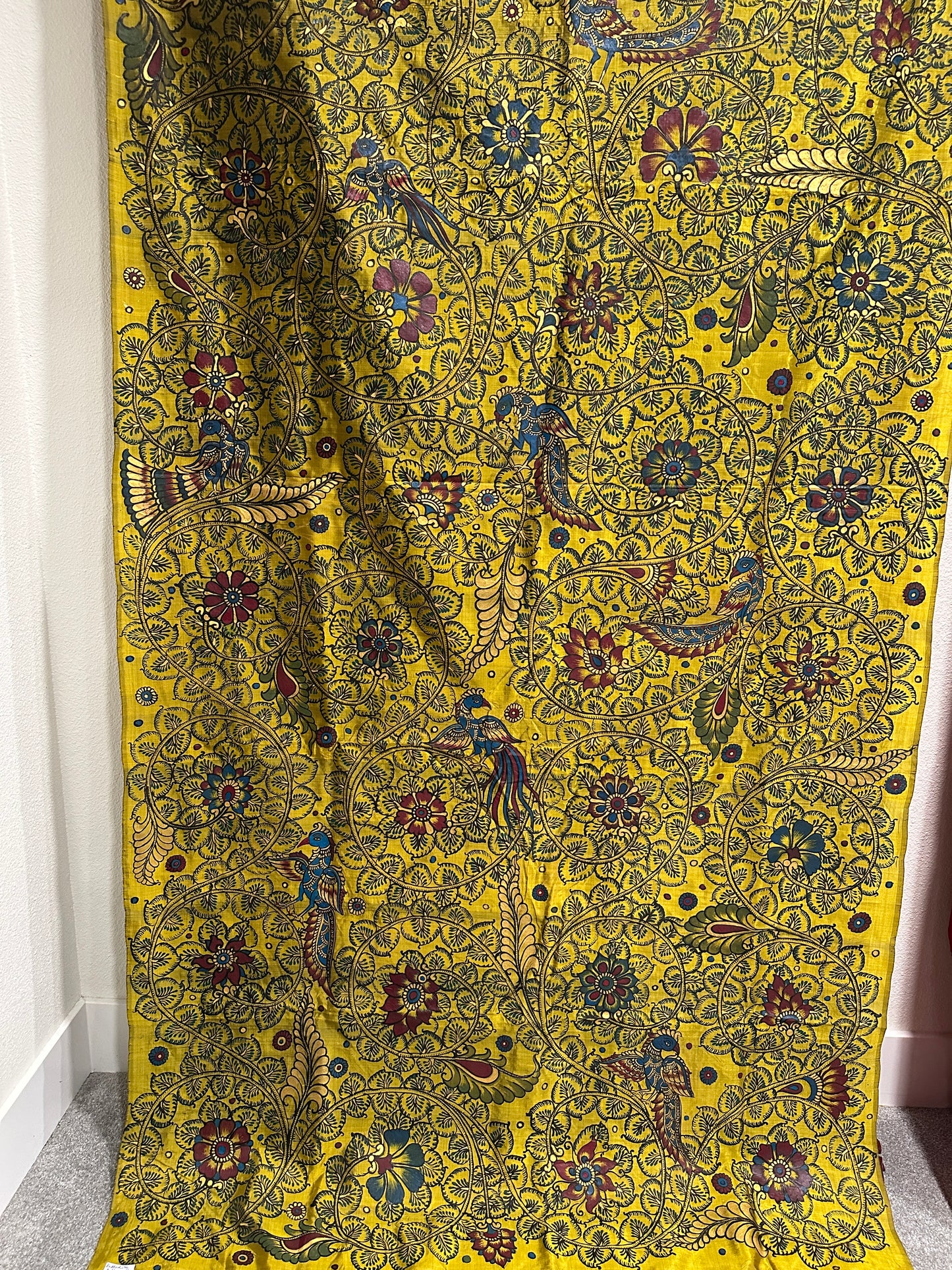 Patachitra Saree - Mustard Yellow and Maroon Half and Half Pure Silk Saree with Kalamkari pattern