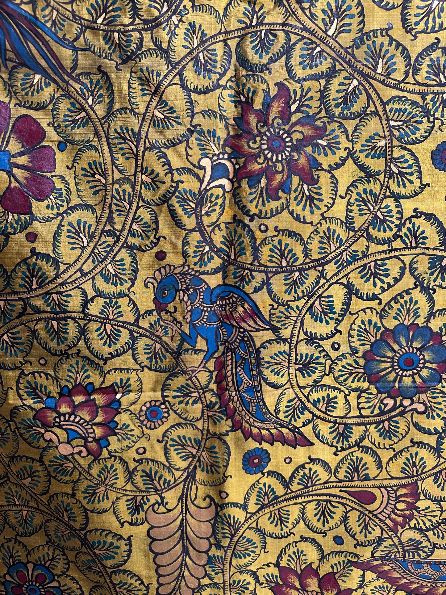 Patachitra Saree - Mustard Yellow and Maroon Half and Half Pure Silk Saree with Kalamkari pattern
