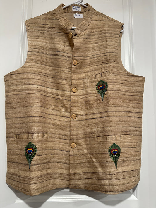 Men's Johor Coat - Pure Tussar - Pattachitra - Peacock Feather and  Radha Krishna