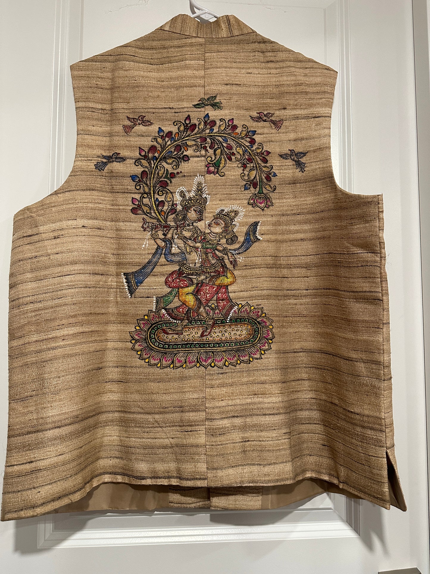 Men's Johor Coat - Pure Tussar - Pattachitra - Peacock Feather and  Radha Krishna