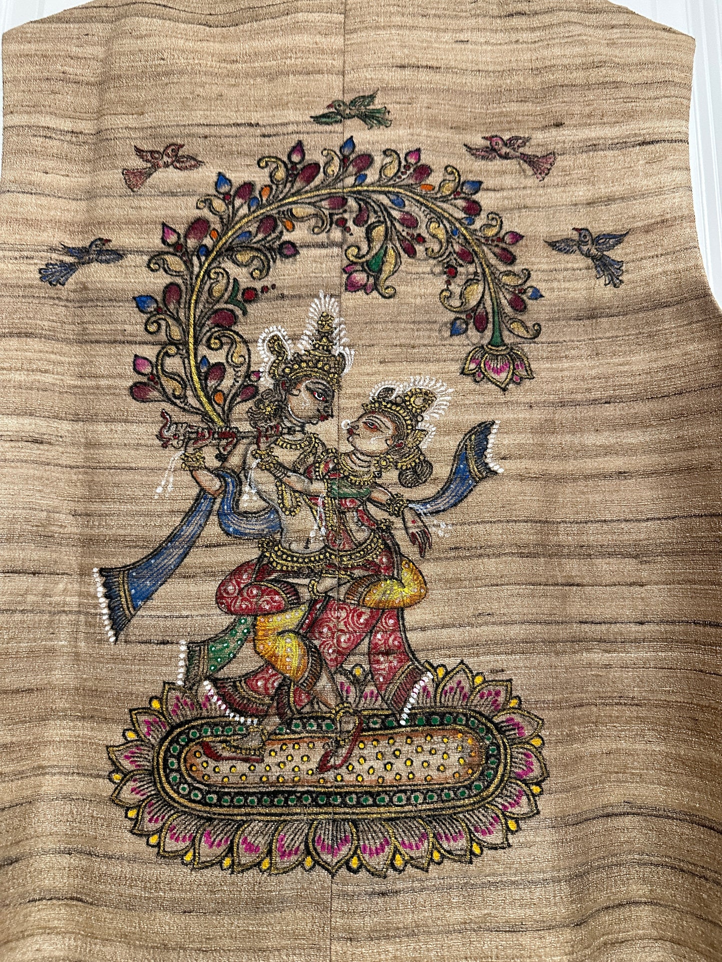 Men's Johor Coat - Pure Tussar - Pattachitra - Peacock Feather and  Radha Krishna