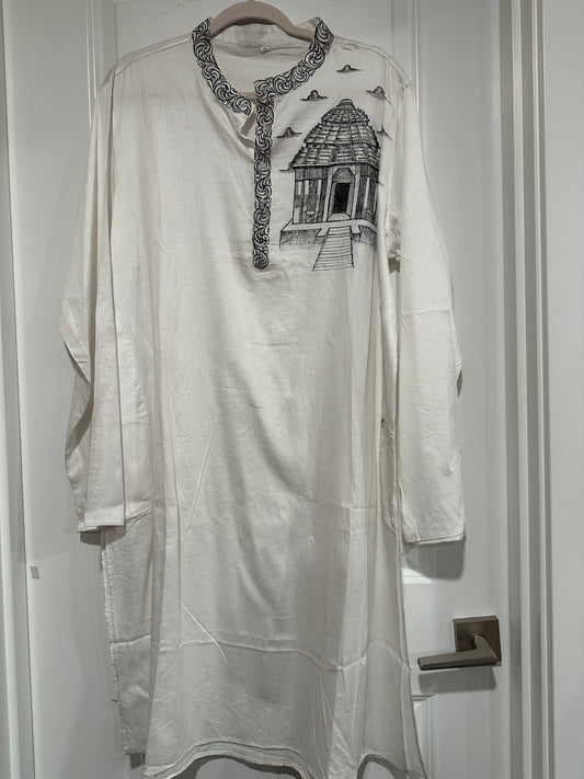 Men's Kurta - Pattachitra - OffWhite with Monotone Konark Sun Temple