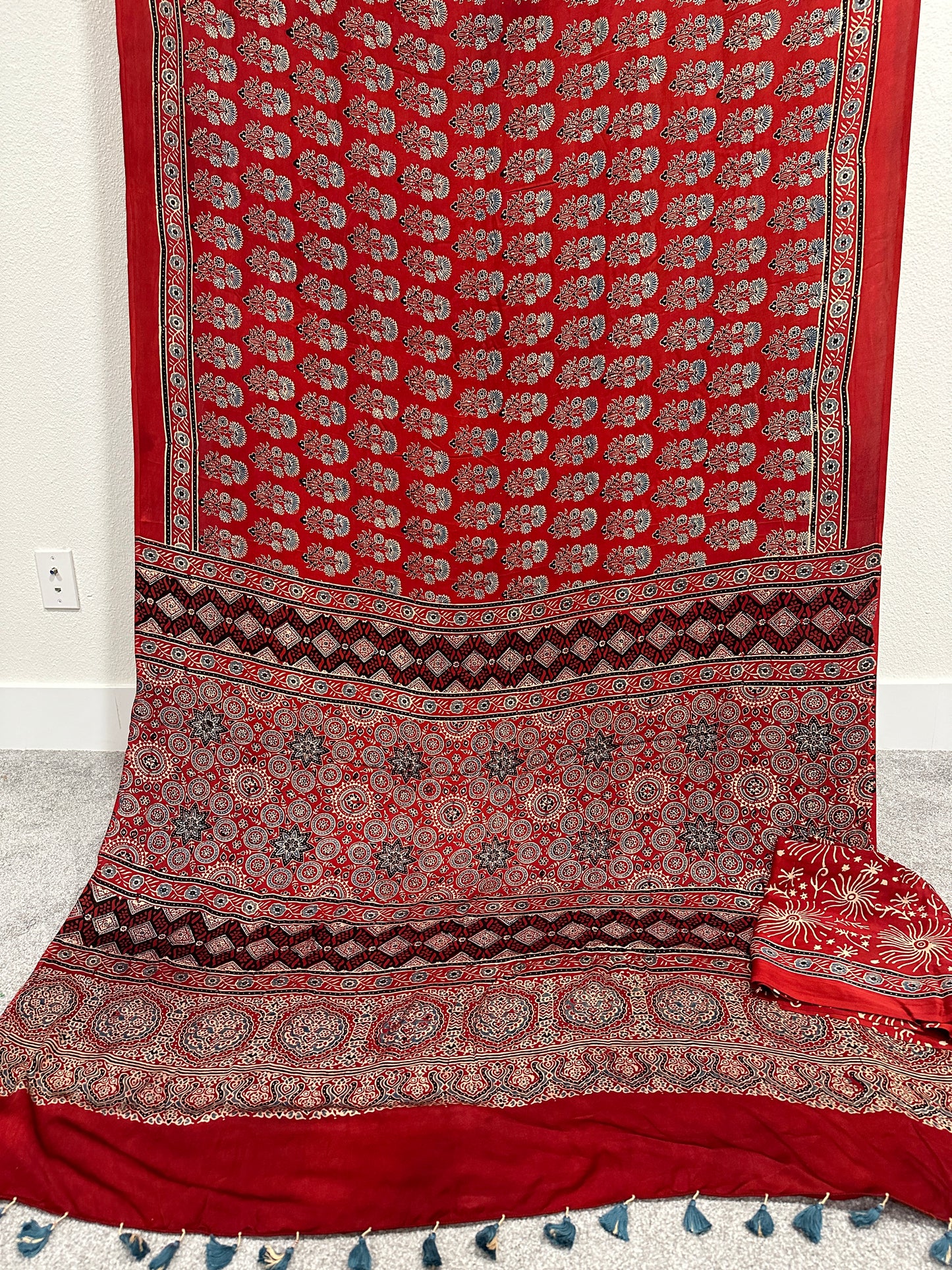 Modal Silk Saree with Ajrakh print - Red.