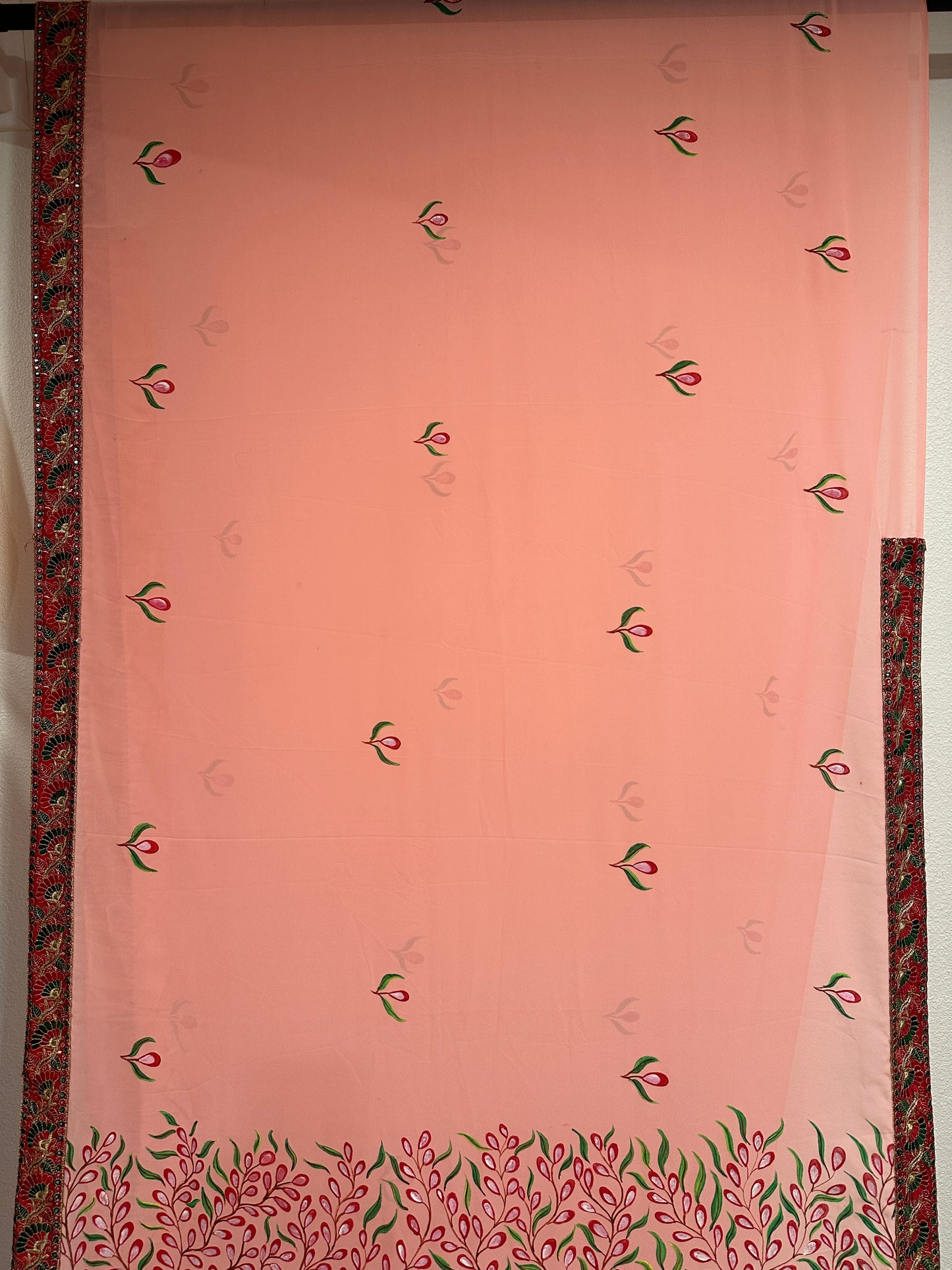 Georgette Pattachitra Saree - Peach color