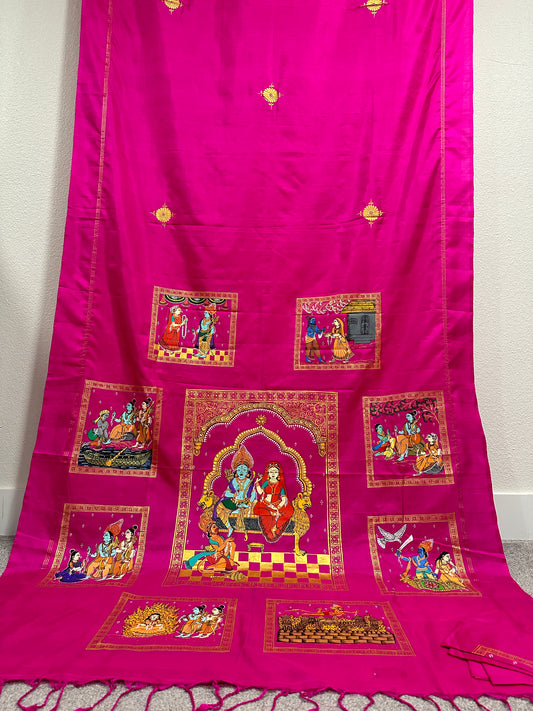 Pink Pure Silk Pattachitra Saree with Ramayana theme.