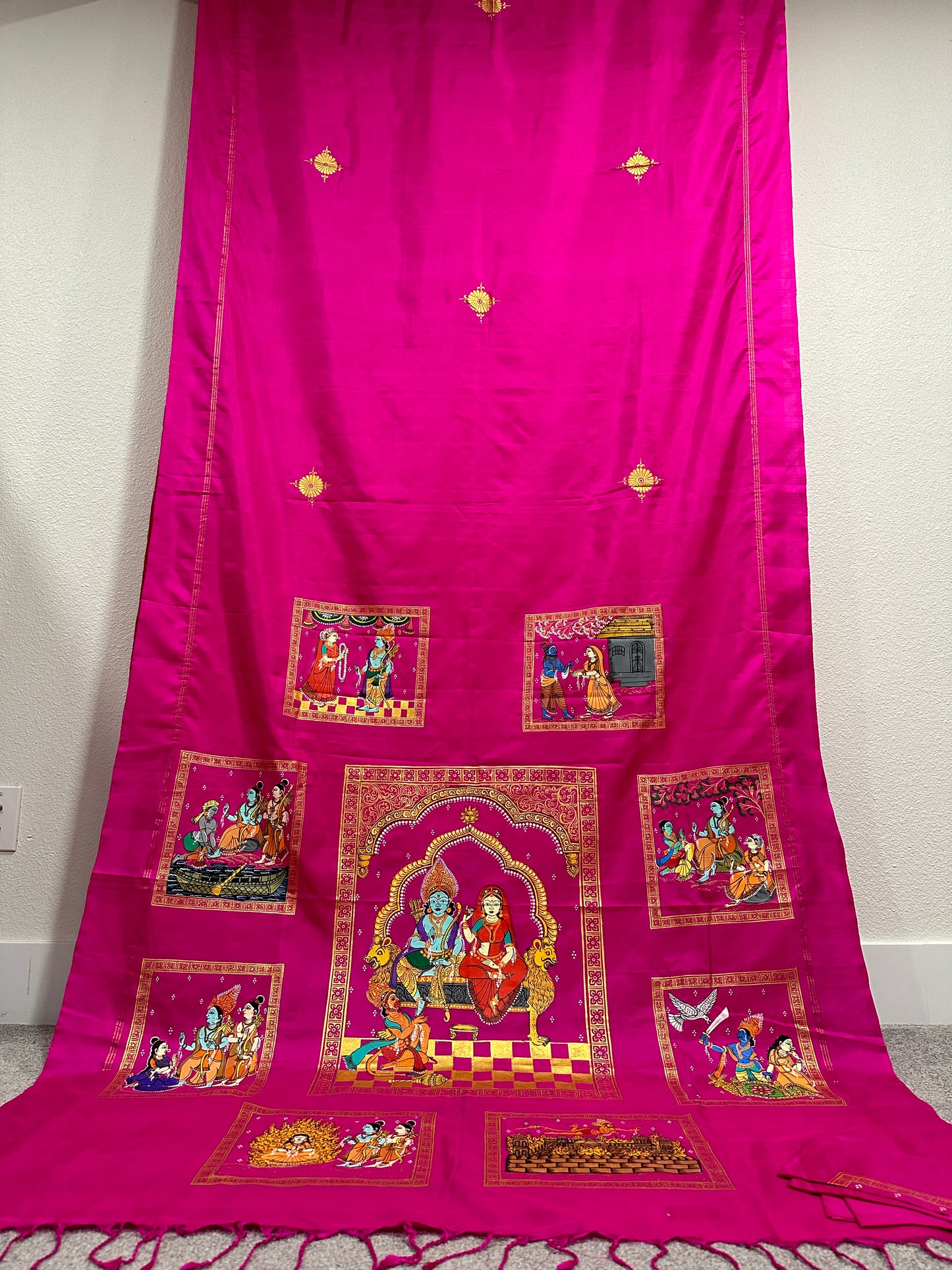 Pink Pure Silk Pattachitra Saree with Ramayana theme.