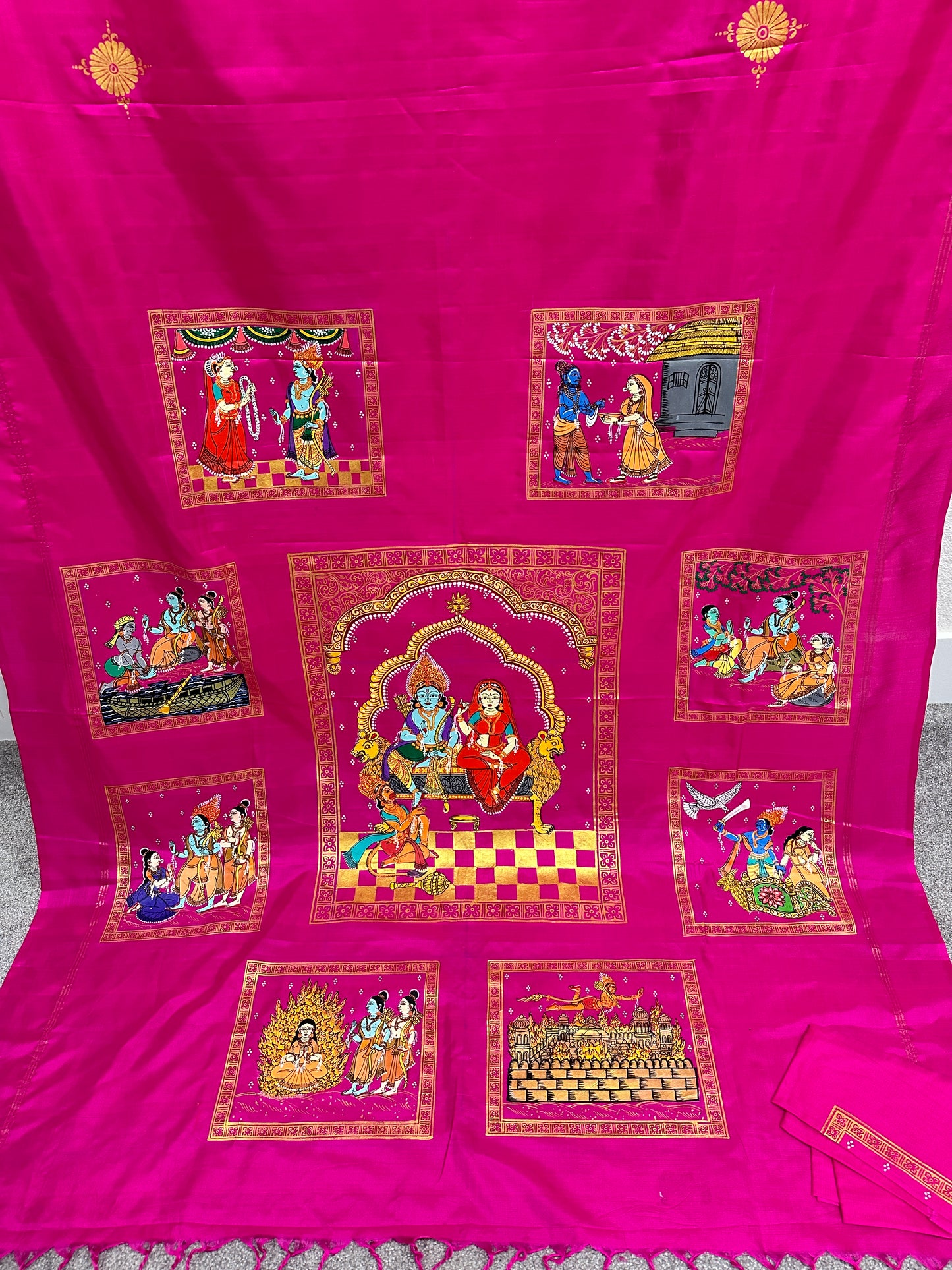 Pink Pure Silk Pattachitra Saree with Ramayana theme.