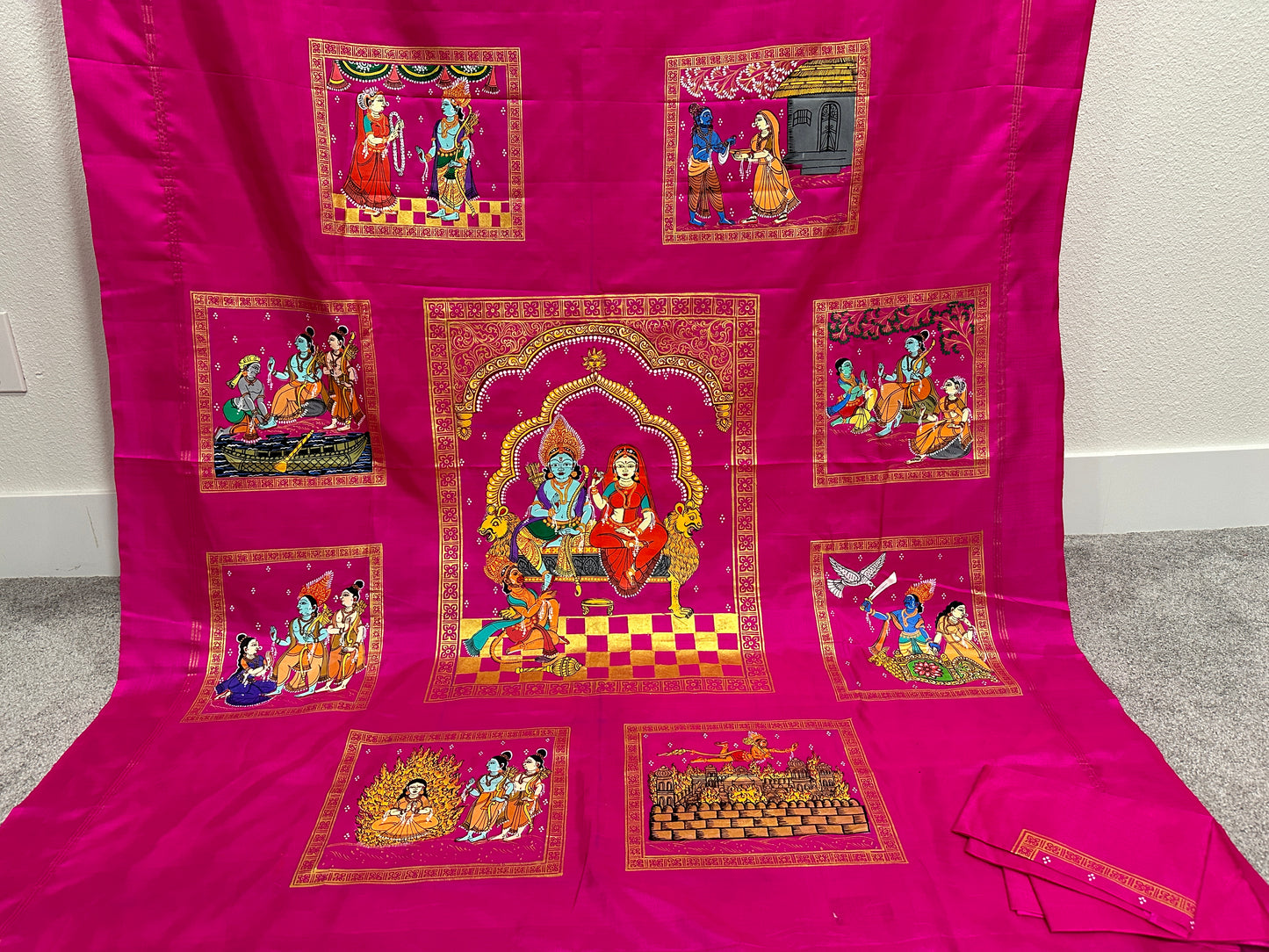 Pink Pure Silk Pattachitra Saree with Ramayana theme.