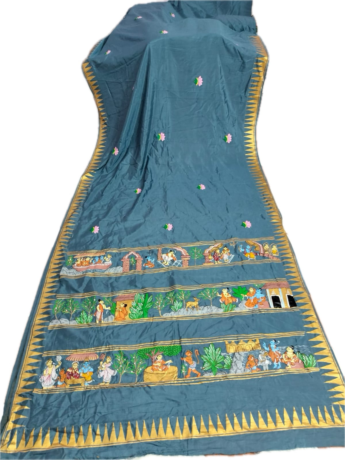 Blue Pure Silk Pattachitra Saree with Ramayana theme.