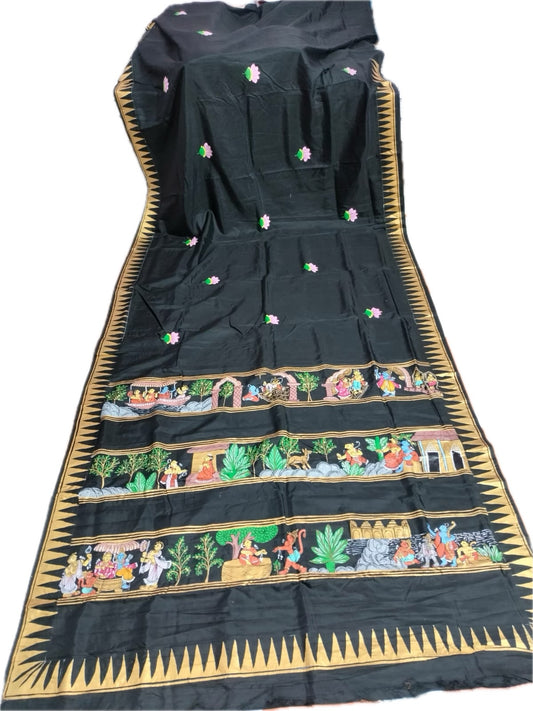 Black Pure Silk Pattachitra Saree with Ramayana theme.