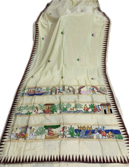 Off White Pure Silk Pattachitra Saree with Ramayana theme.