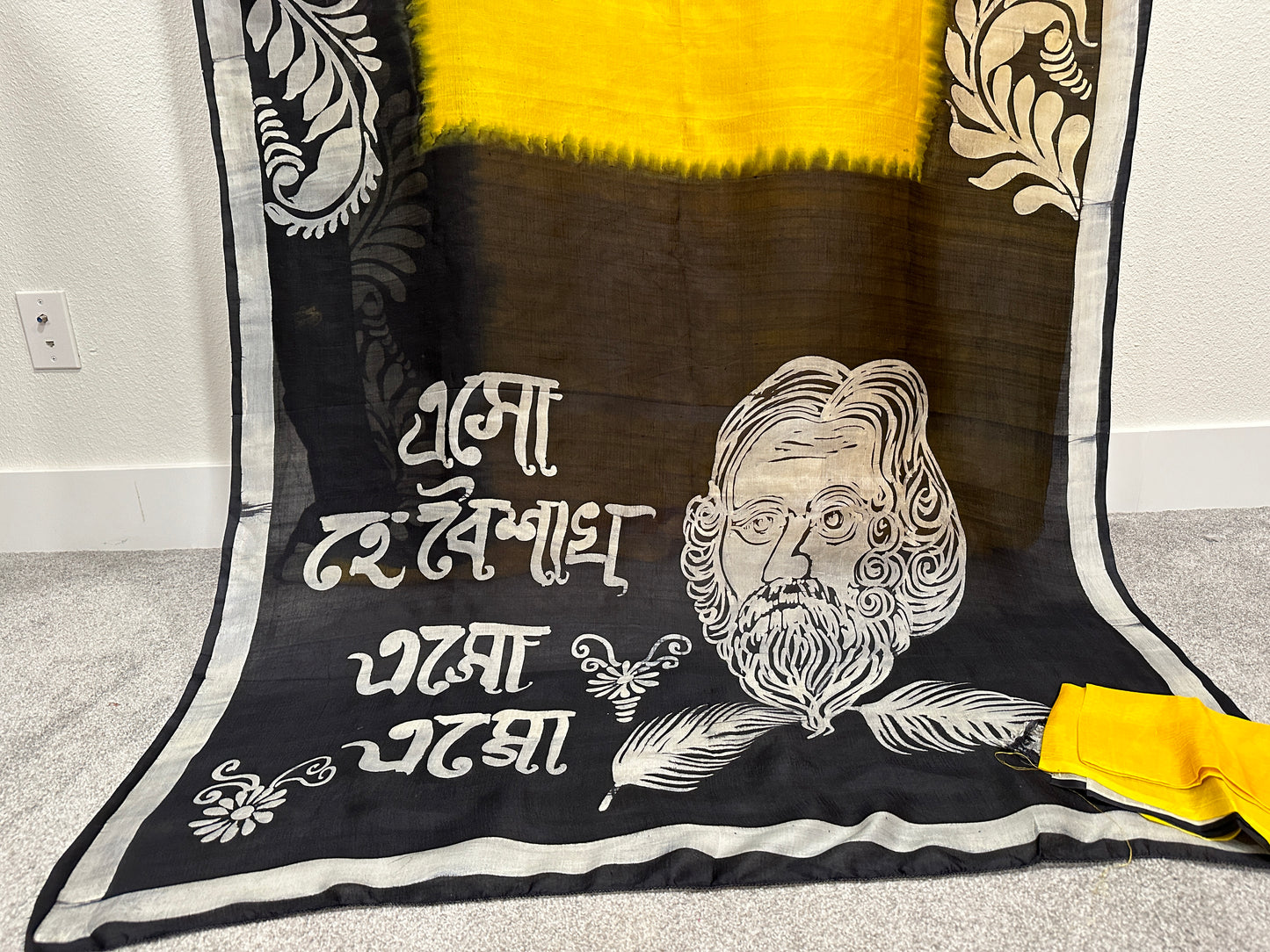 Batik  - Yellow and Black Rabindranath Saree on Silk