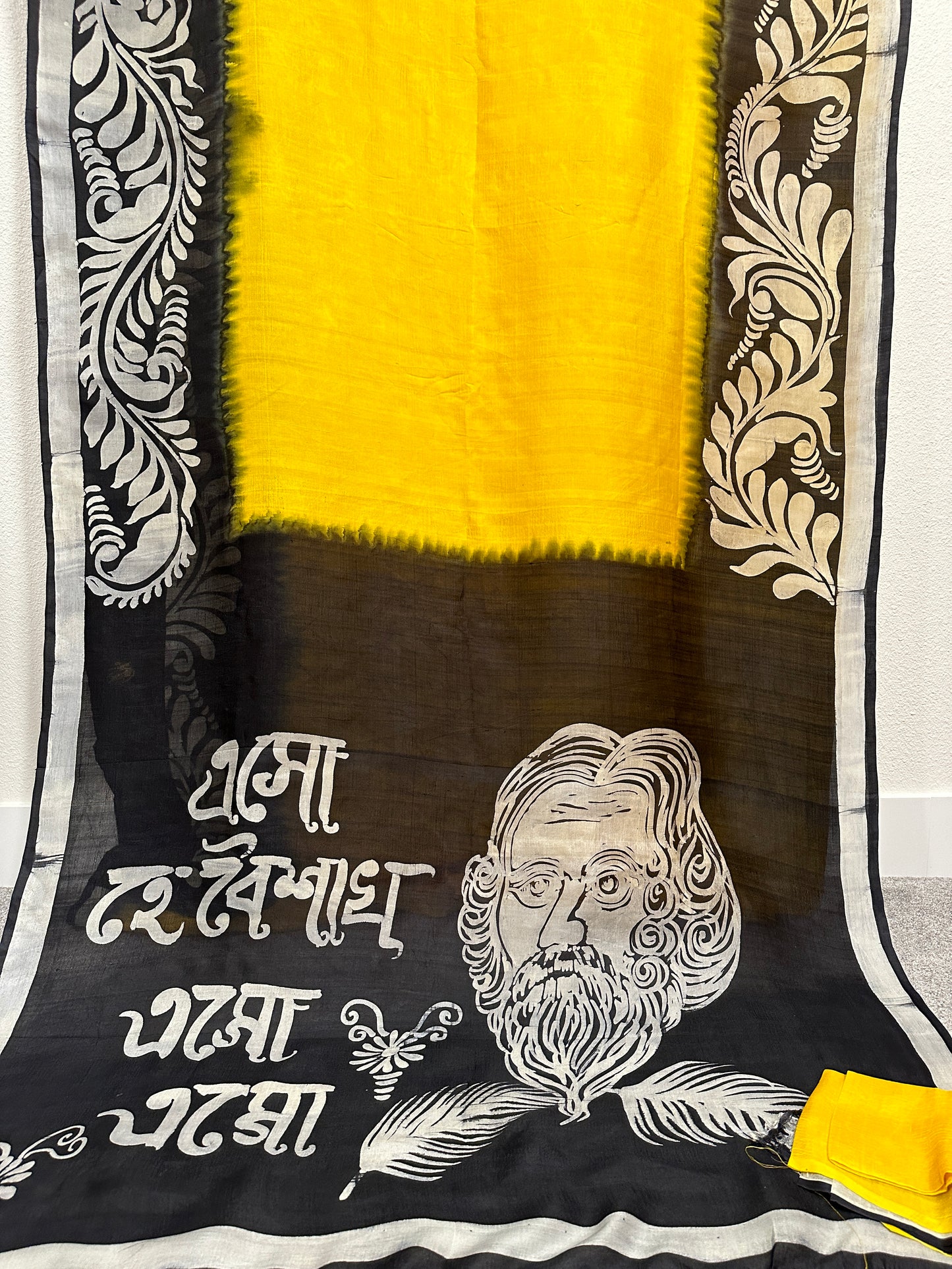 Batik  - Yellow and Black Rabindranath Saree on Silk