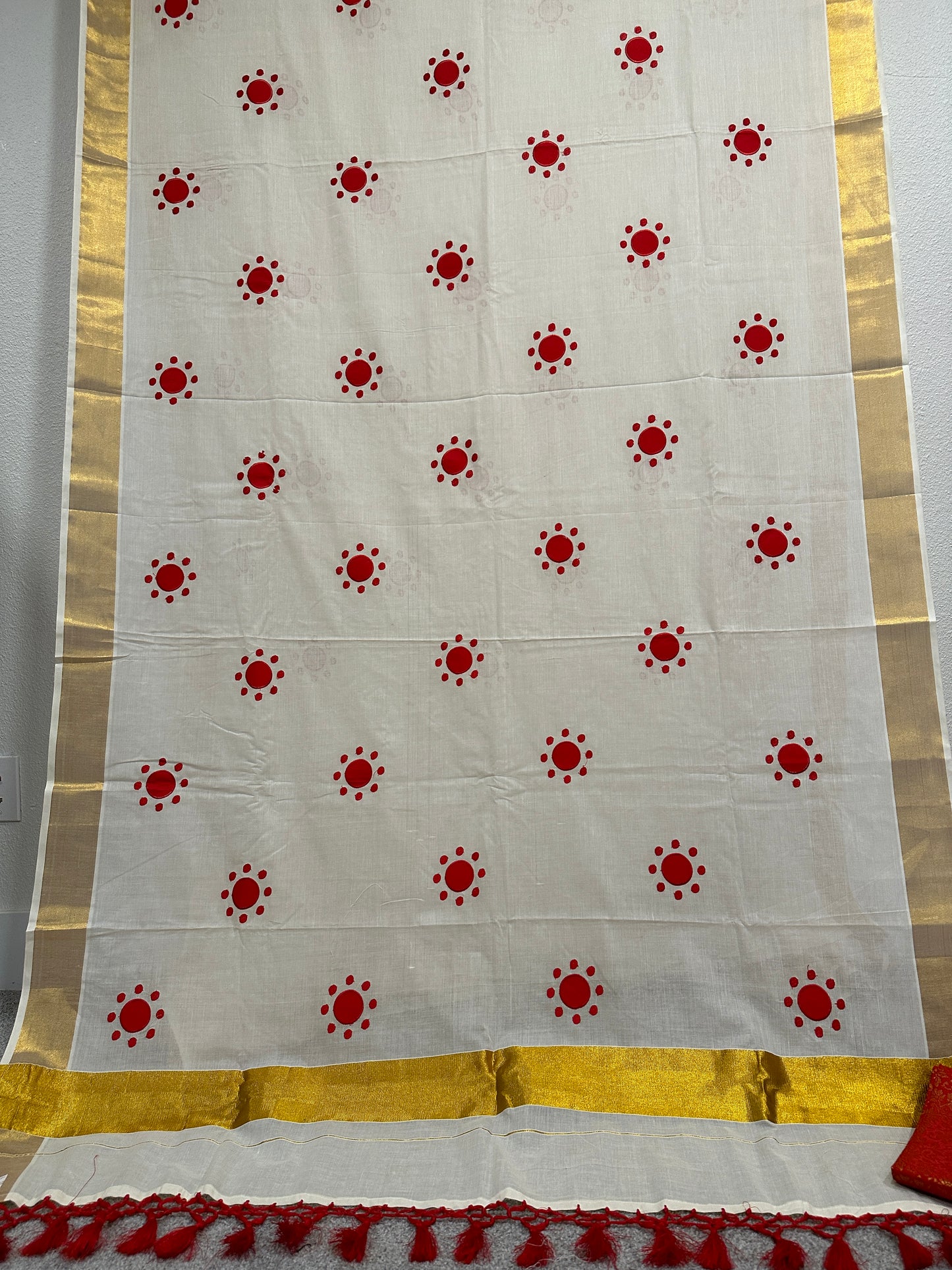 Kerala Cotton with red embroidered dots