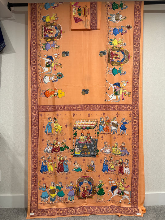 Peach Khadi Silk Pattachitra Saree with Wedding theme