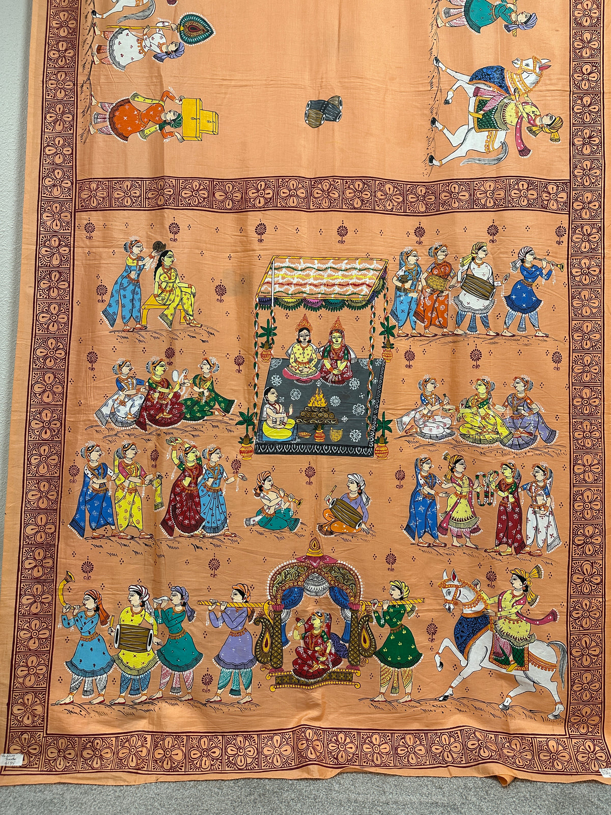 Peach Khadi Silk Pattachitra Saree with Wedding theme
