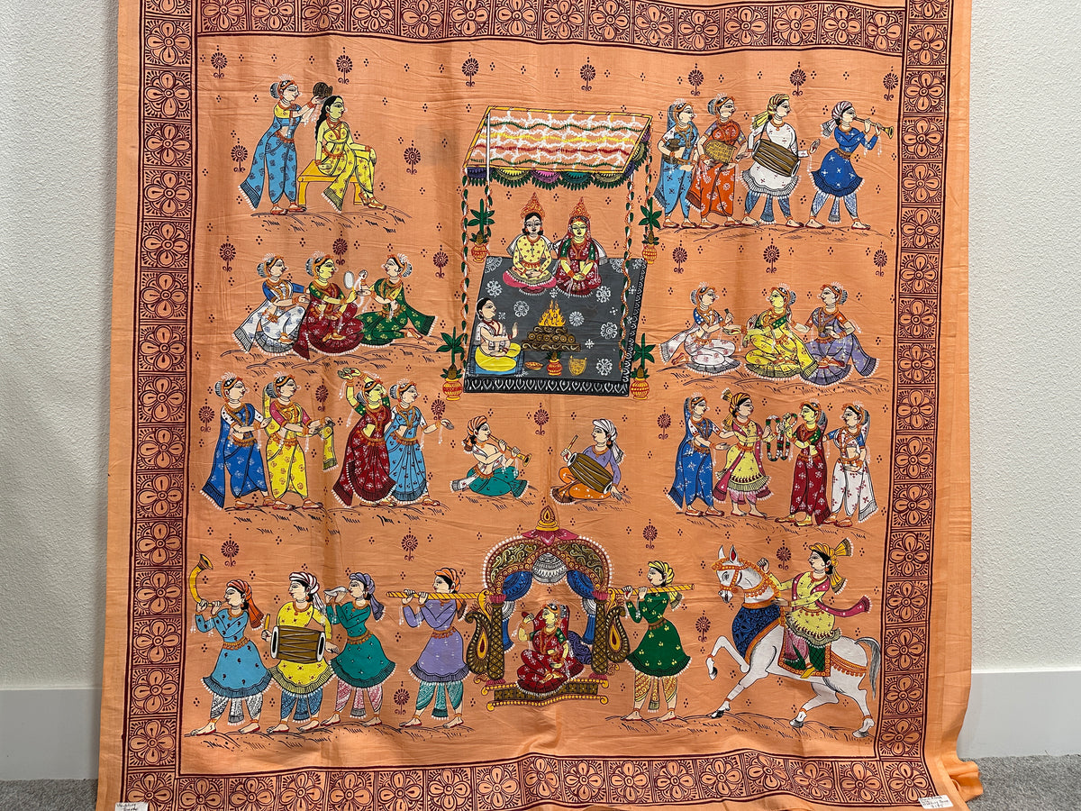 Peach Khadi Silk Pattachitra Saree with Wedding theme