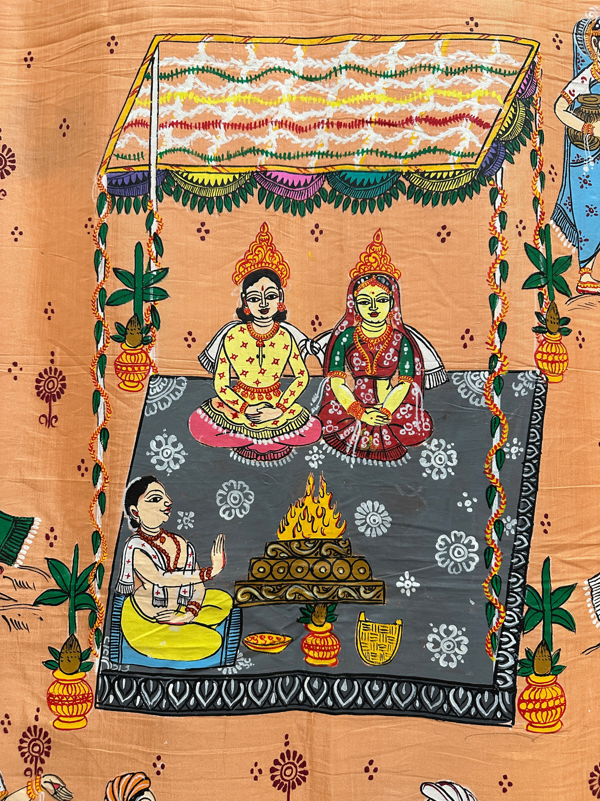 Peach Khadi Silk Pattachitra Saree with Wedding theme