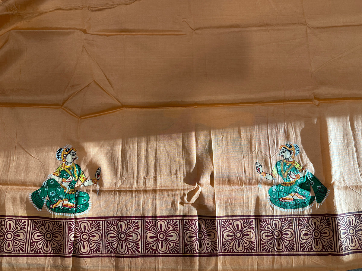 Peach Khadi Silk Pattachitra Saree with Wedding theme