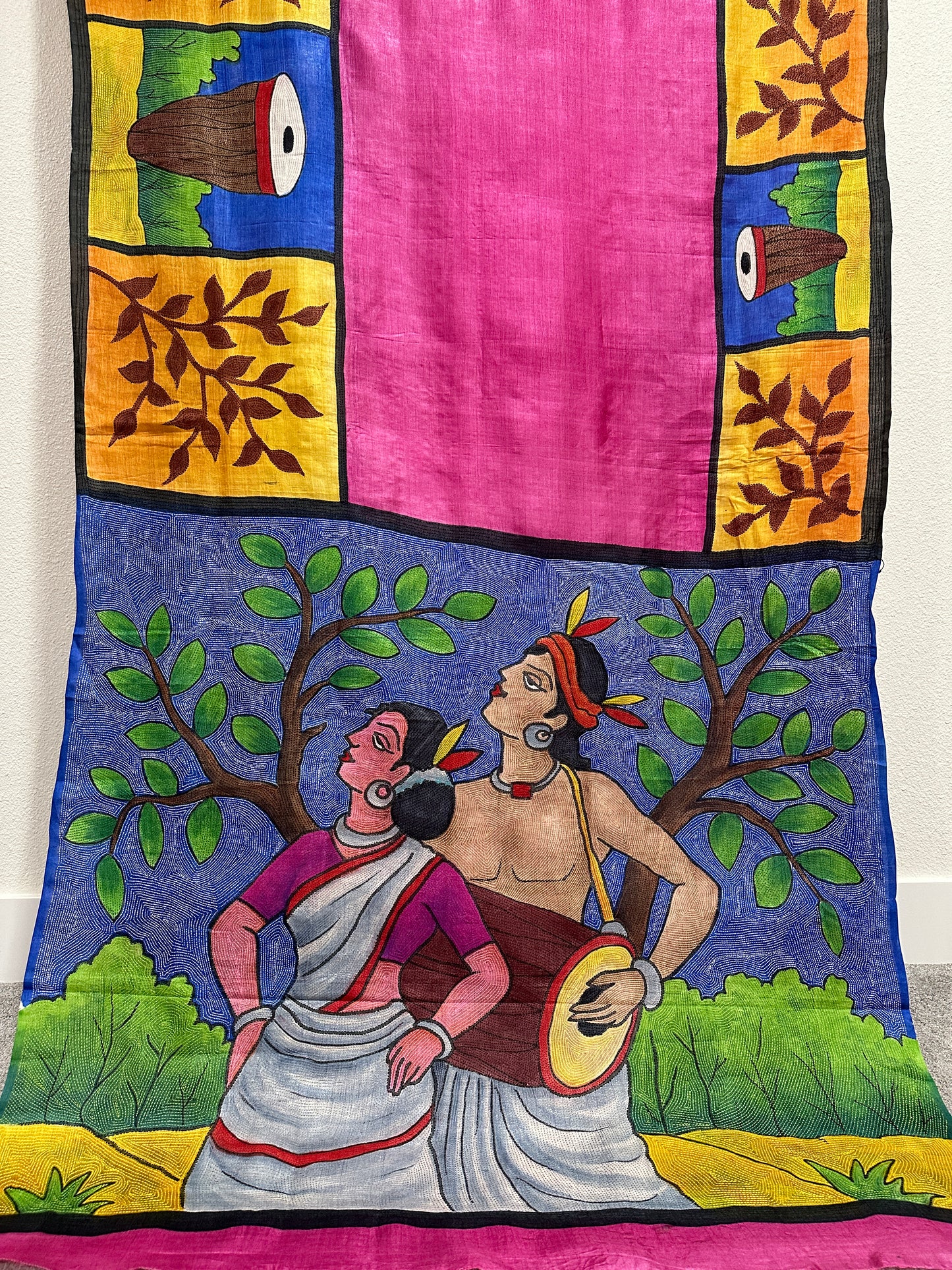 Kaantha Stitch  on Dyed and Hand painted Tussar Saree - Tribal Dance Scene