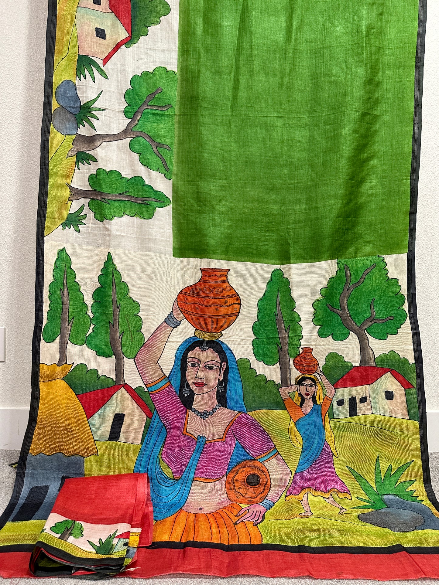 Kaantha Stitch  on Dyed and Hand painted Tussar Saree - Village Scene