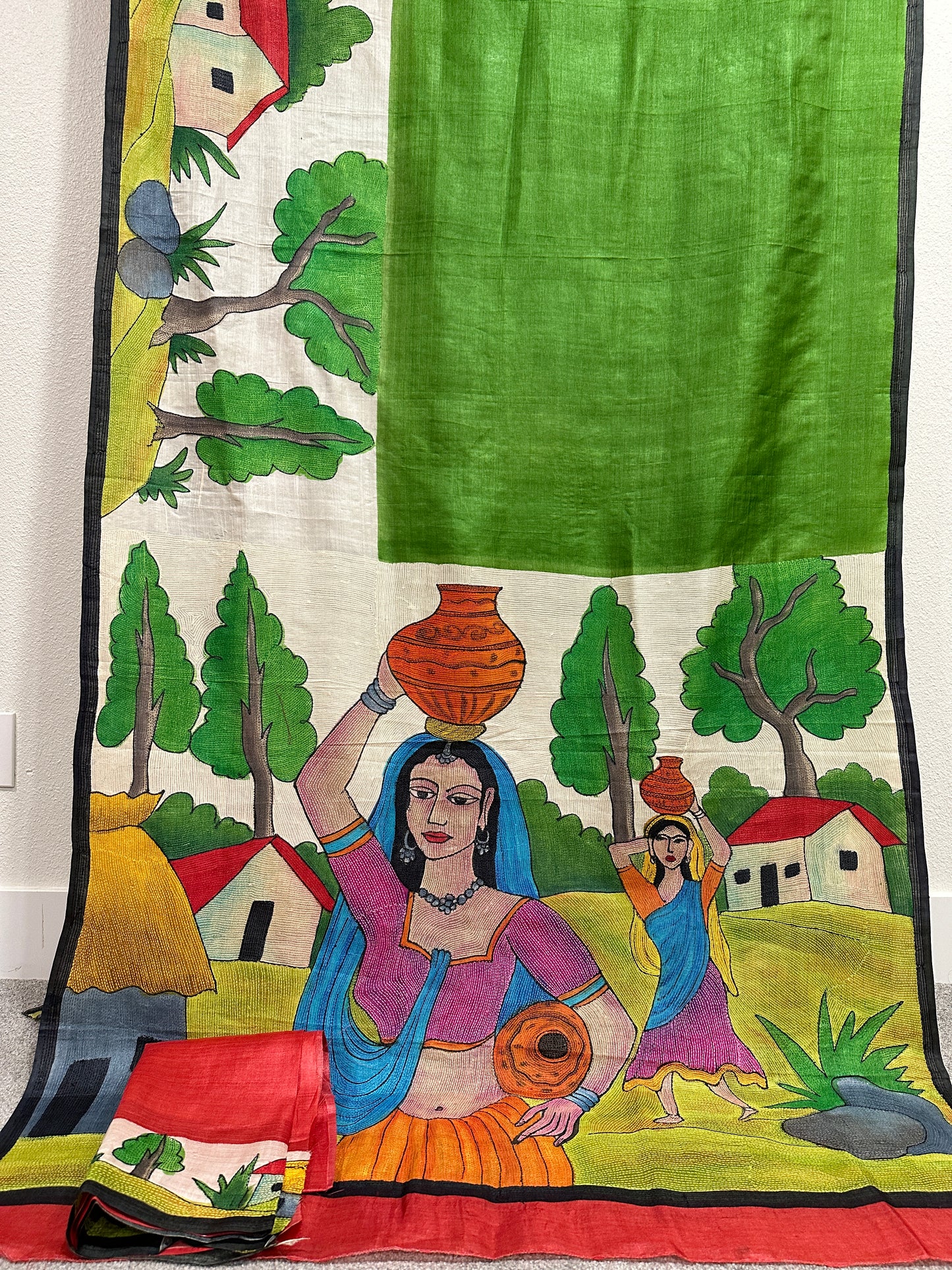 Kaantha Stitch  on Dyed and Hand painted Tussar Saree - Village Scene