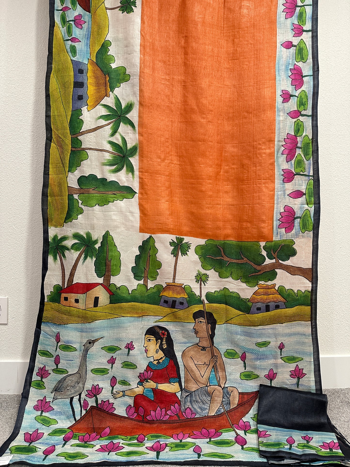 Kaantha Stitch  on Dyed and Hand painted Tussar Saree - Fishing Boat Scene