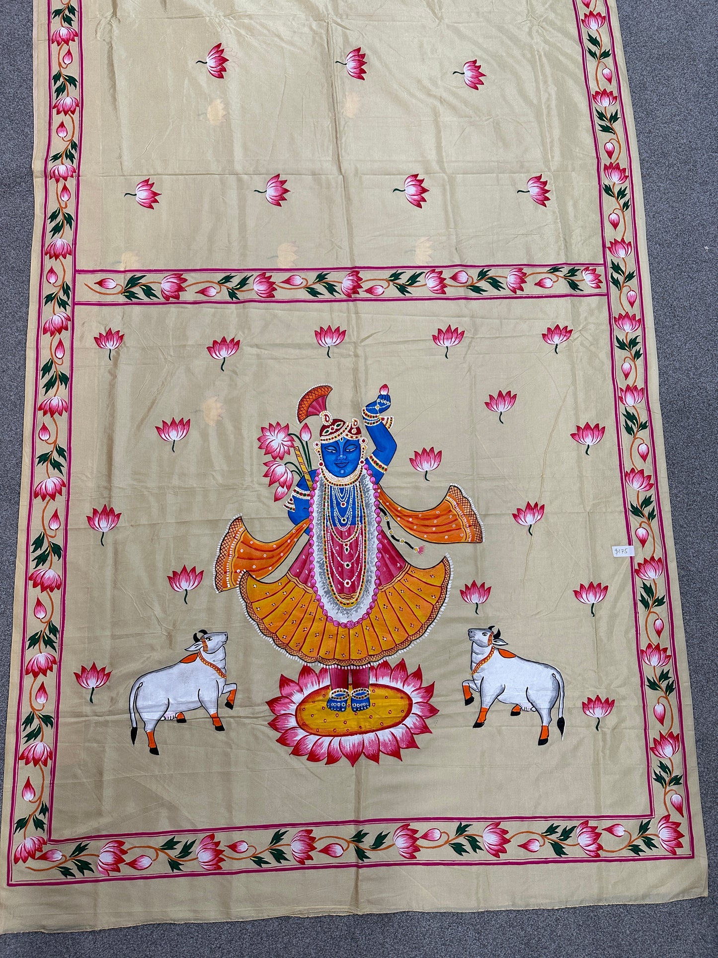 Pattachitra sarees - Sreenath Ji on Chandan Colour (Light Beige)  Khadi Silk
