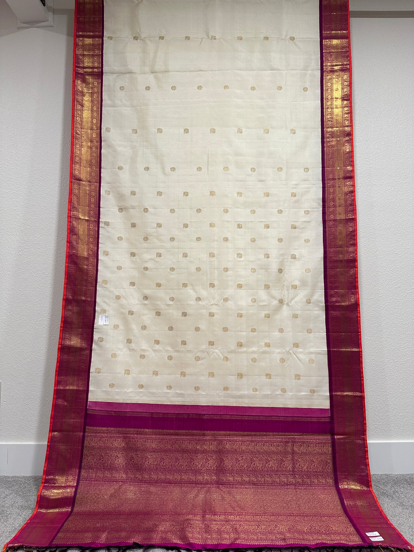 Kanjivaram Saree - Off-white with wine border with booties on the body