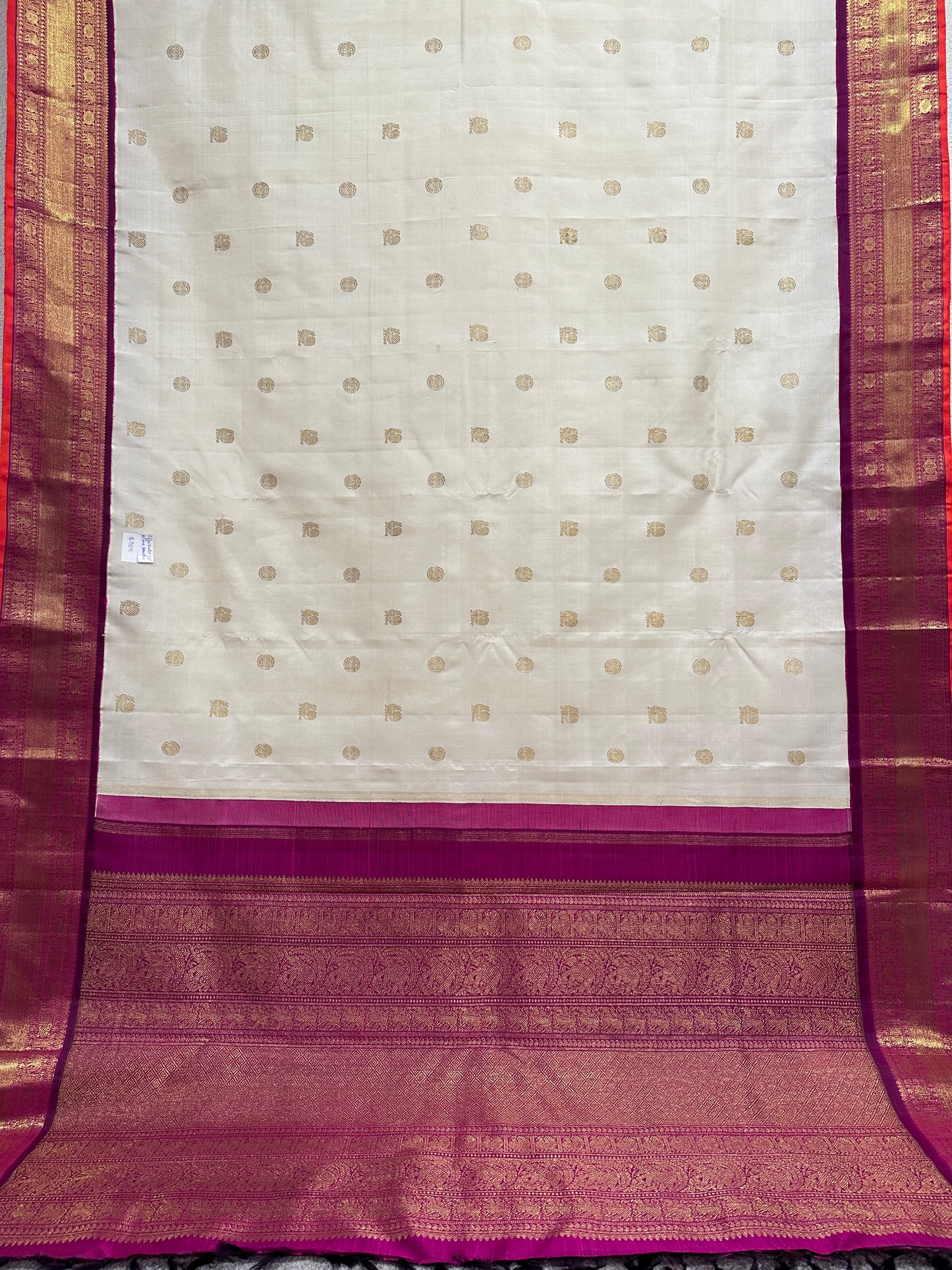 Kanjivaram Saree - Off-white with wine border with booties on the body