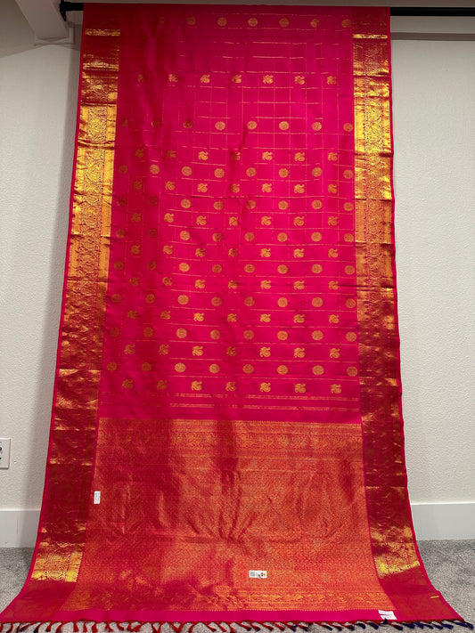 Kanjivaram Saree - Rani pink with golden checks on the body and golden big booties