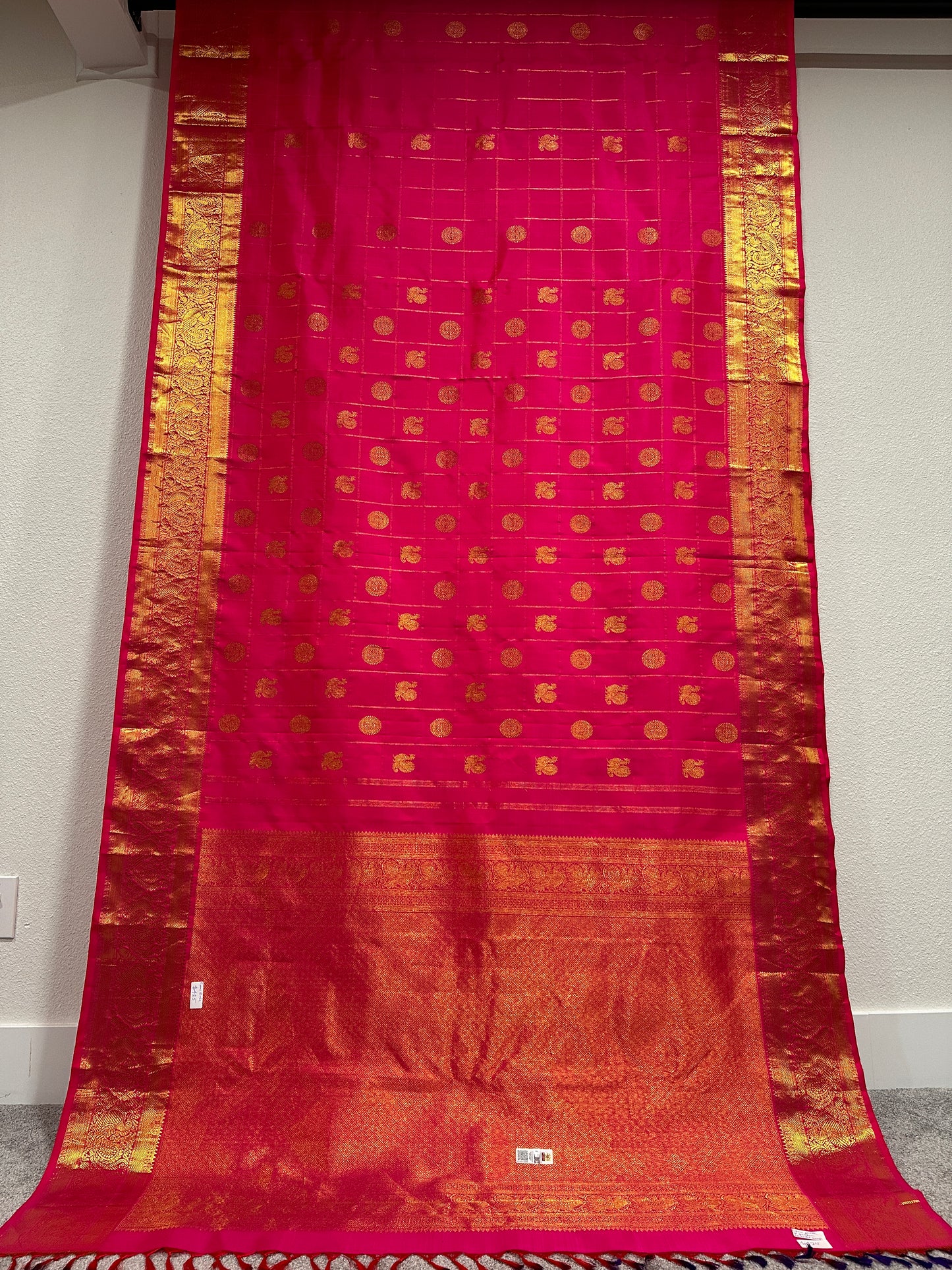 Kanjivaram Saree - Rani pink with golden checks on the body and golden big booties