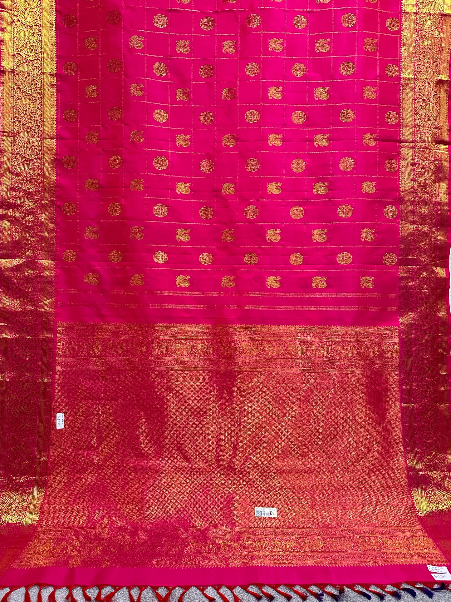 Kanjivaram Saree - Rani pink with golden checks on the body and golden big booties