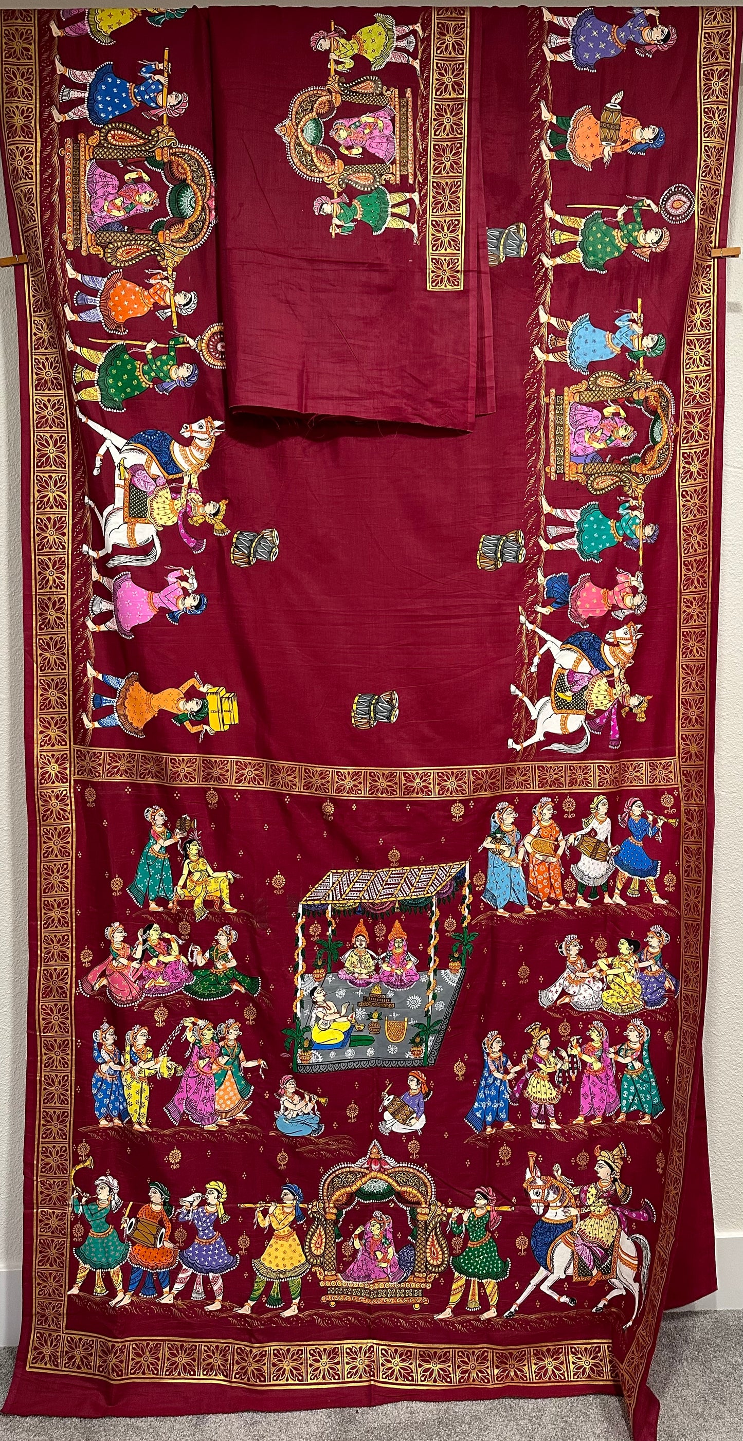 Maroon Khadi Silk Pattachitra Saree with Wedding theme